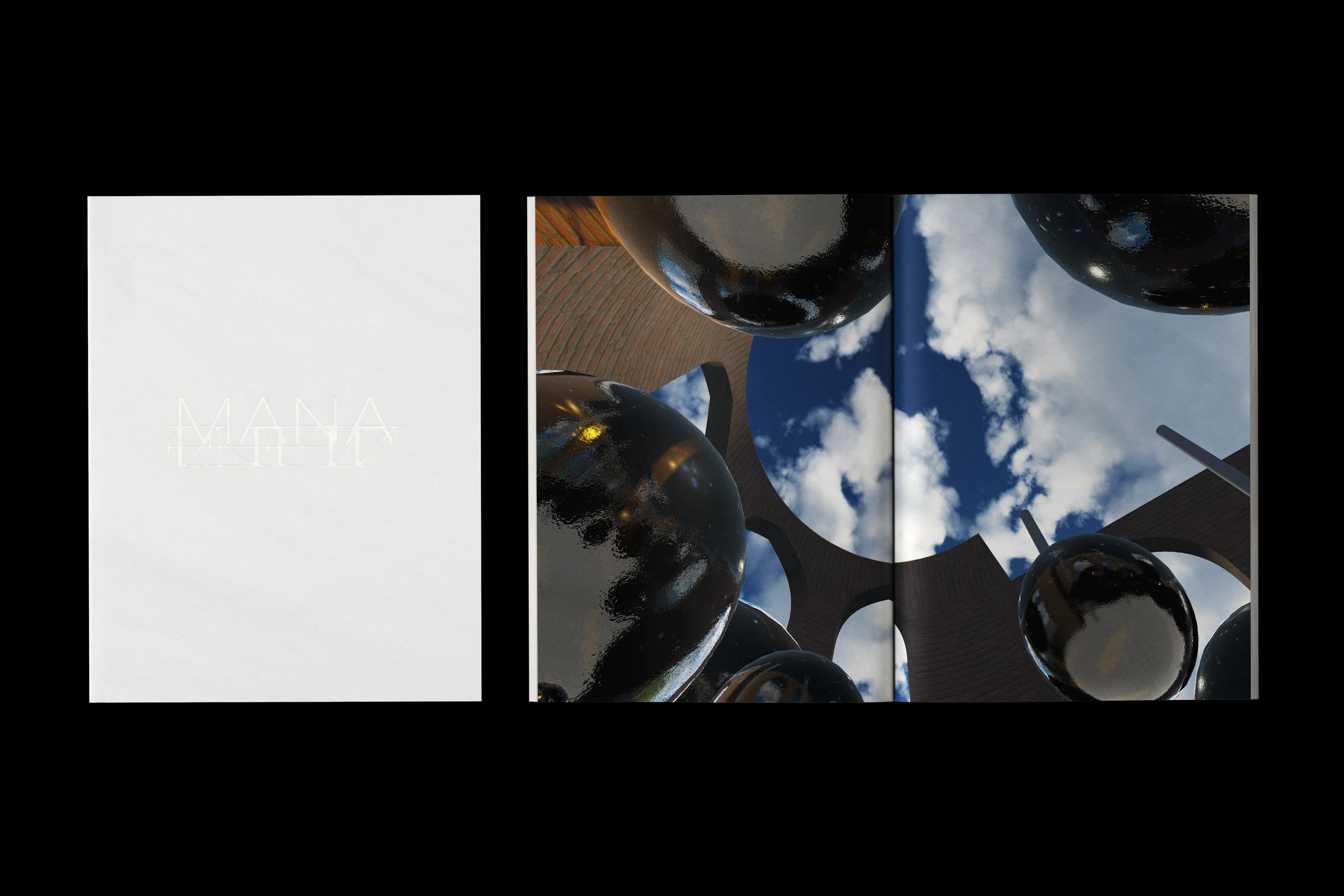 White catalog cover next to a spread with mirrored balls against a blue sky