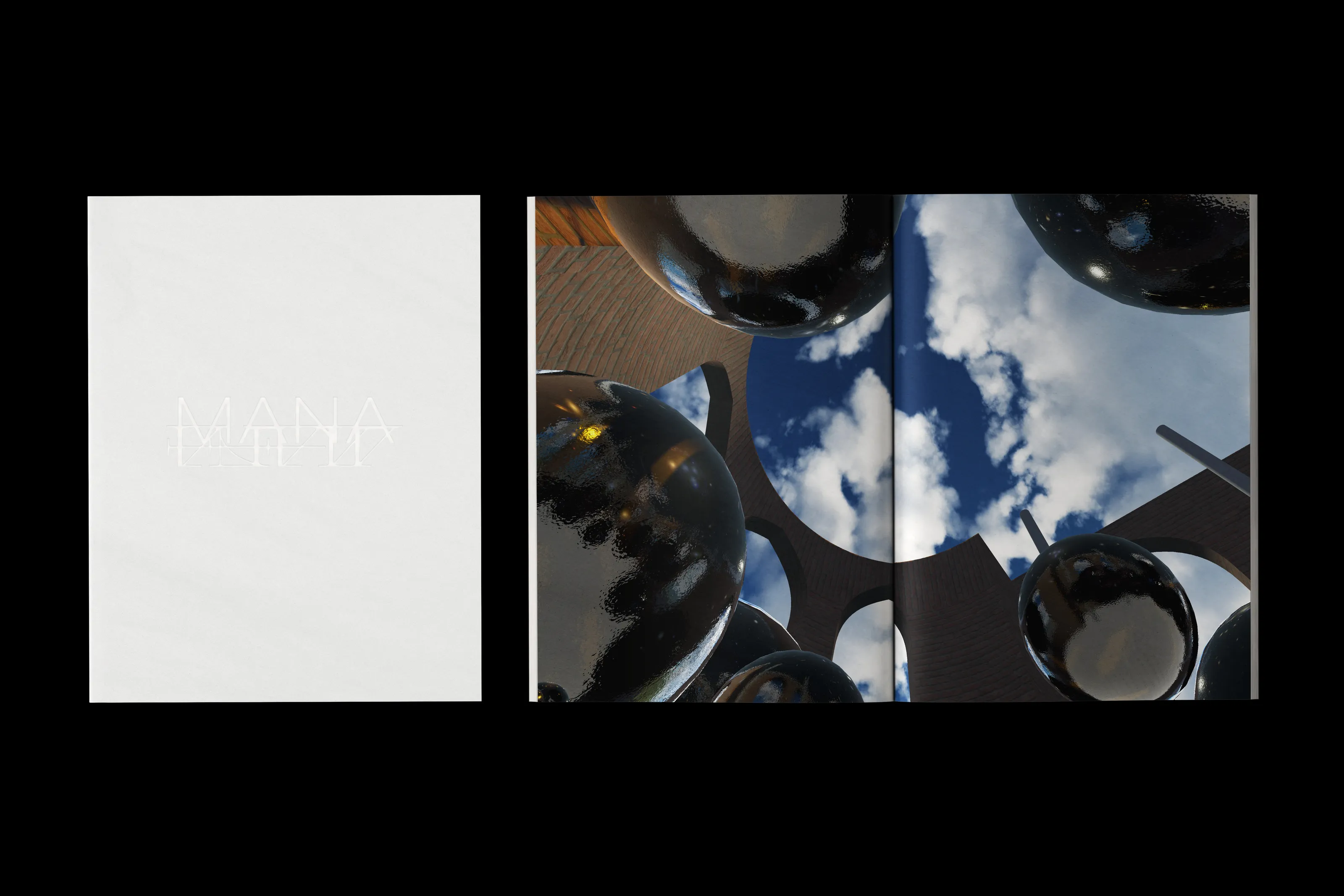 White catalog cover next to a spread with mirrored balls against a blue sky