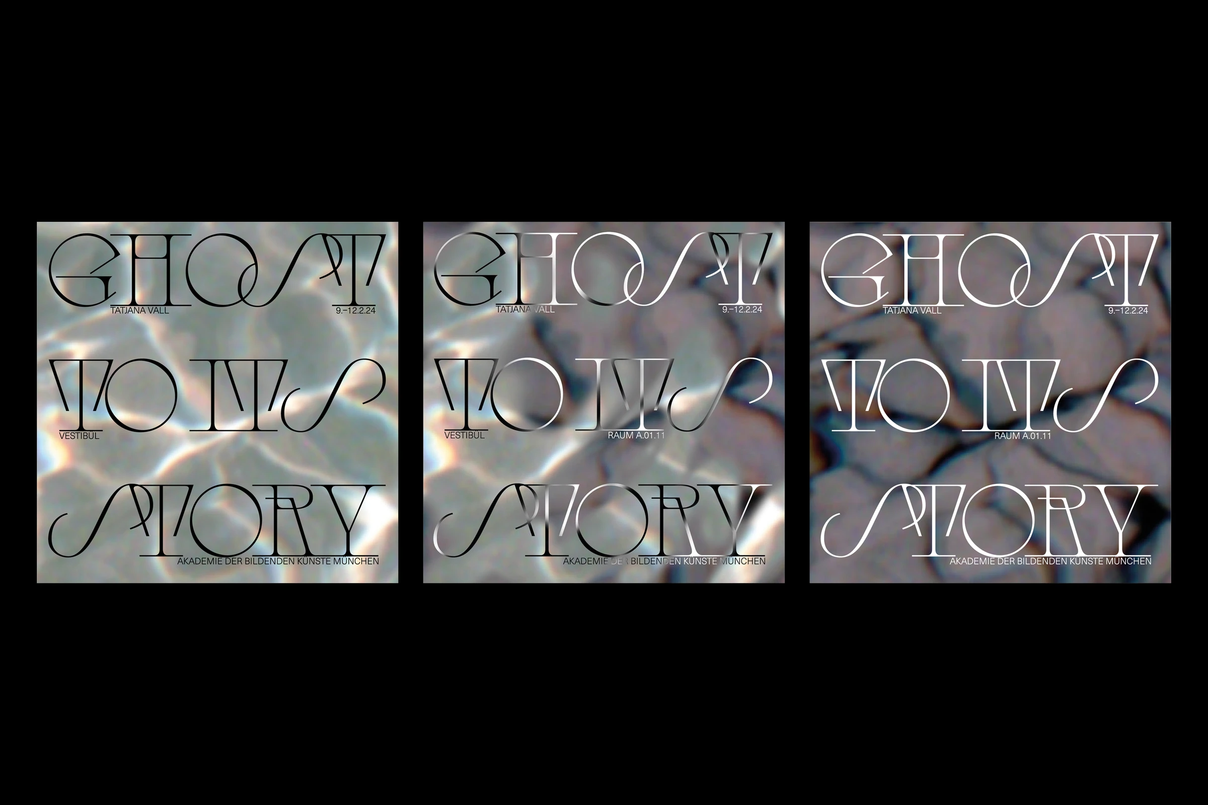 Three versions of the Ghost to its story visual on a wavy background