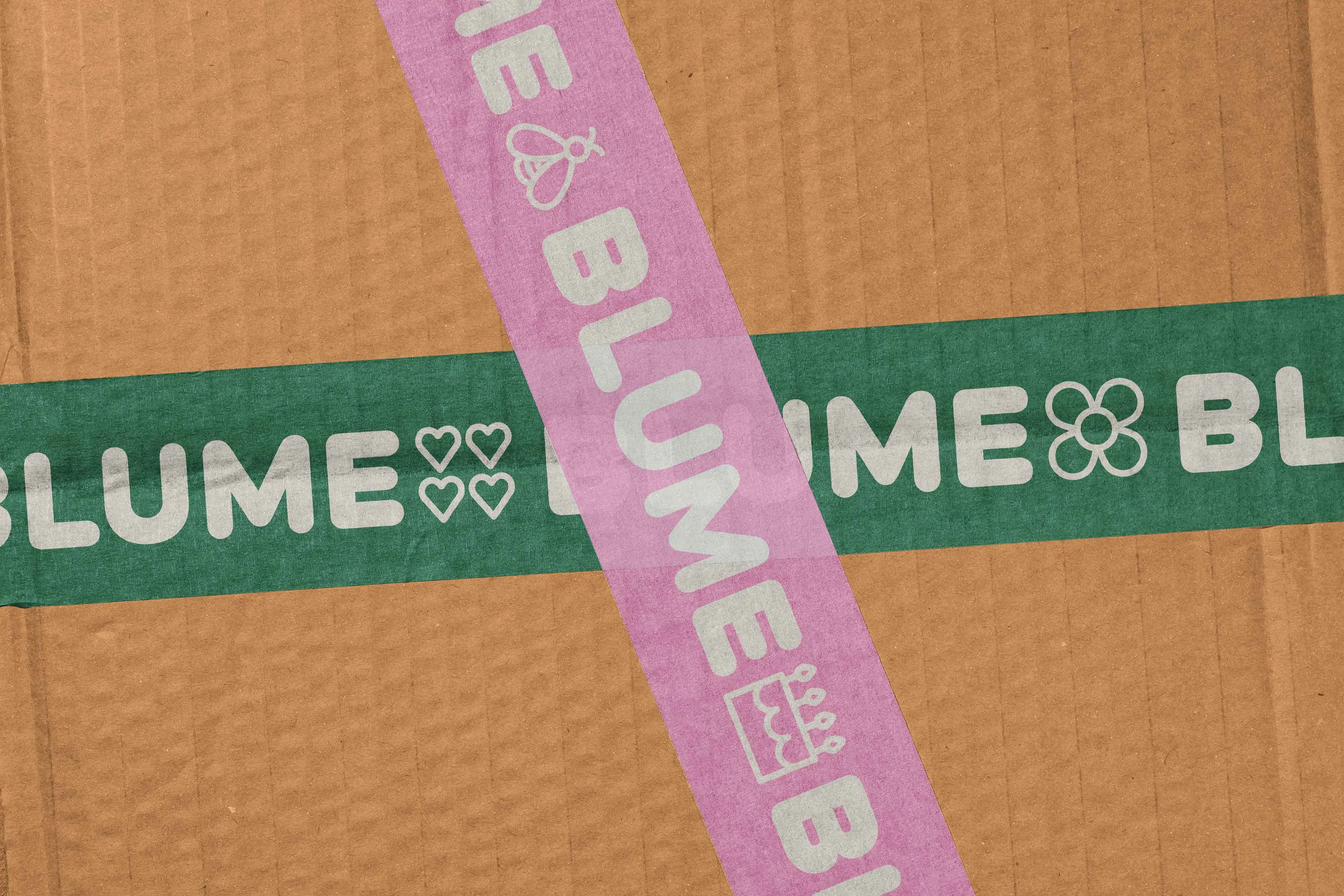 Cardboard box sealed with green and pink Blume2000 tape