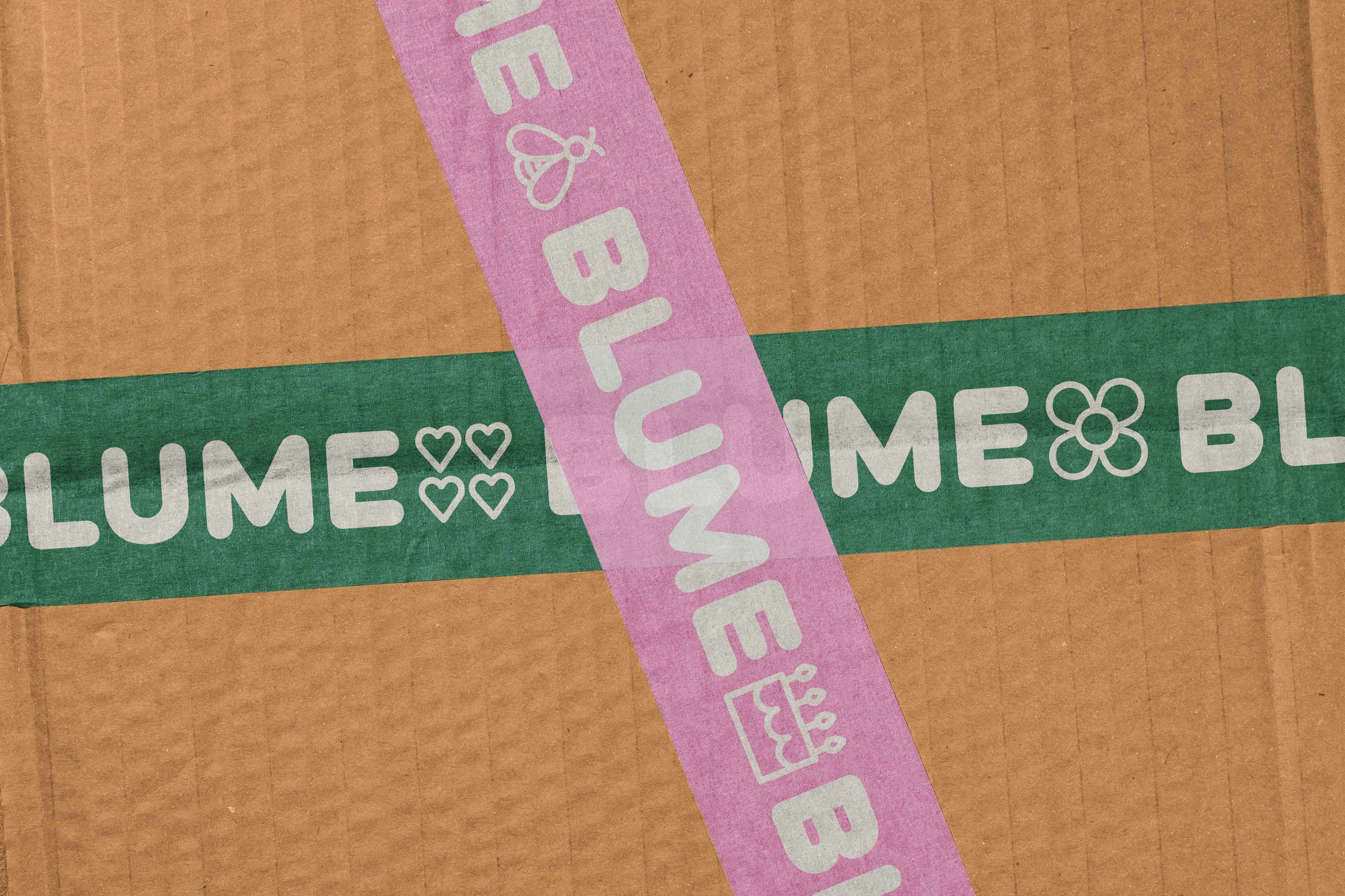 Cardboard box sealed with green and pink Blume2000 tape