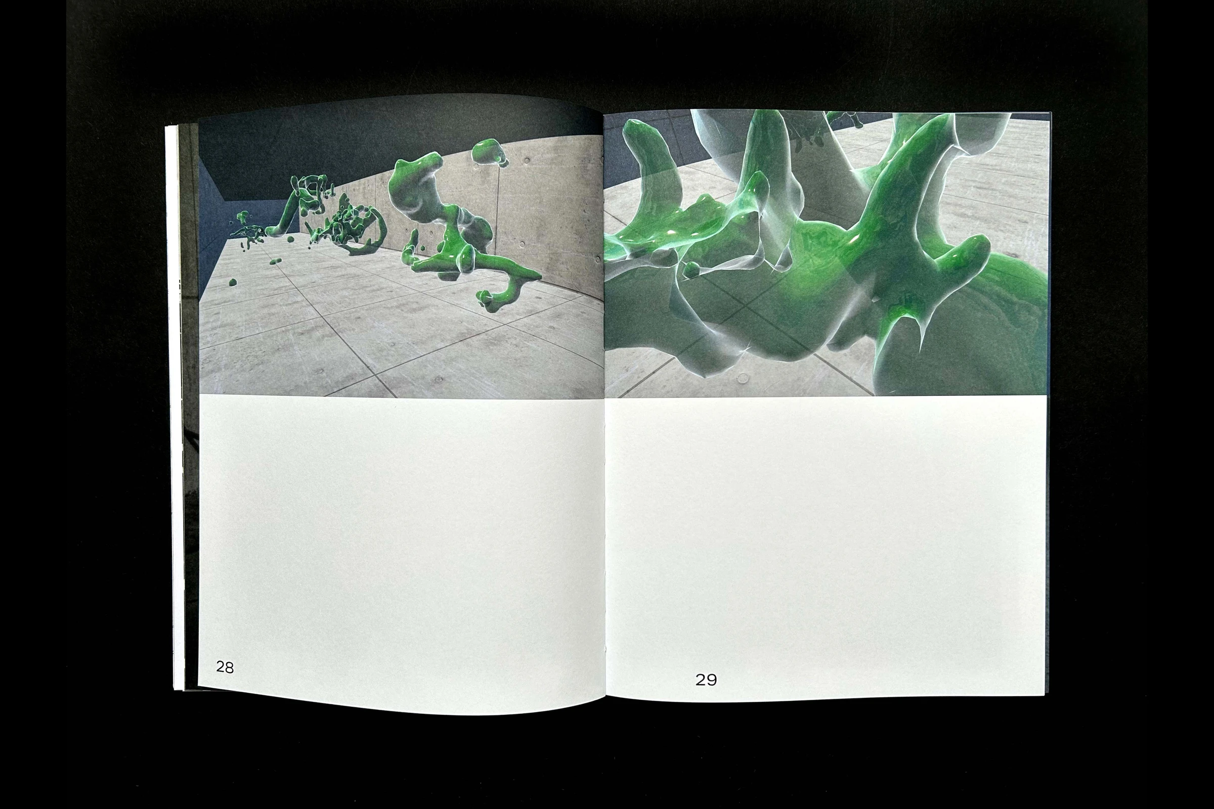 Catalog spread with green sculptures