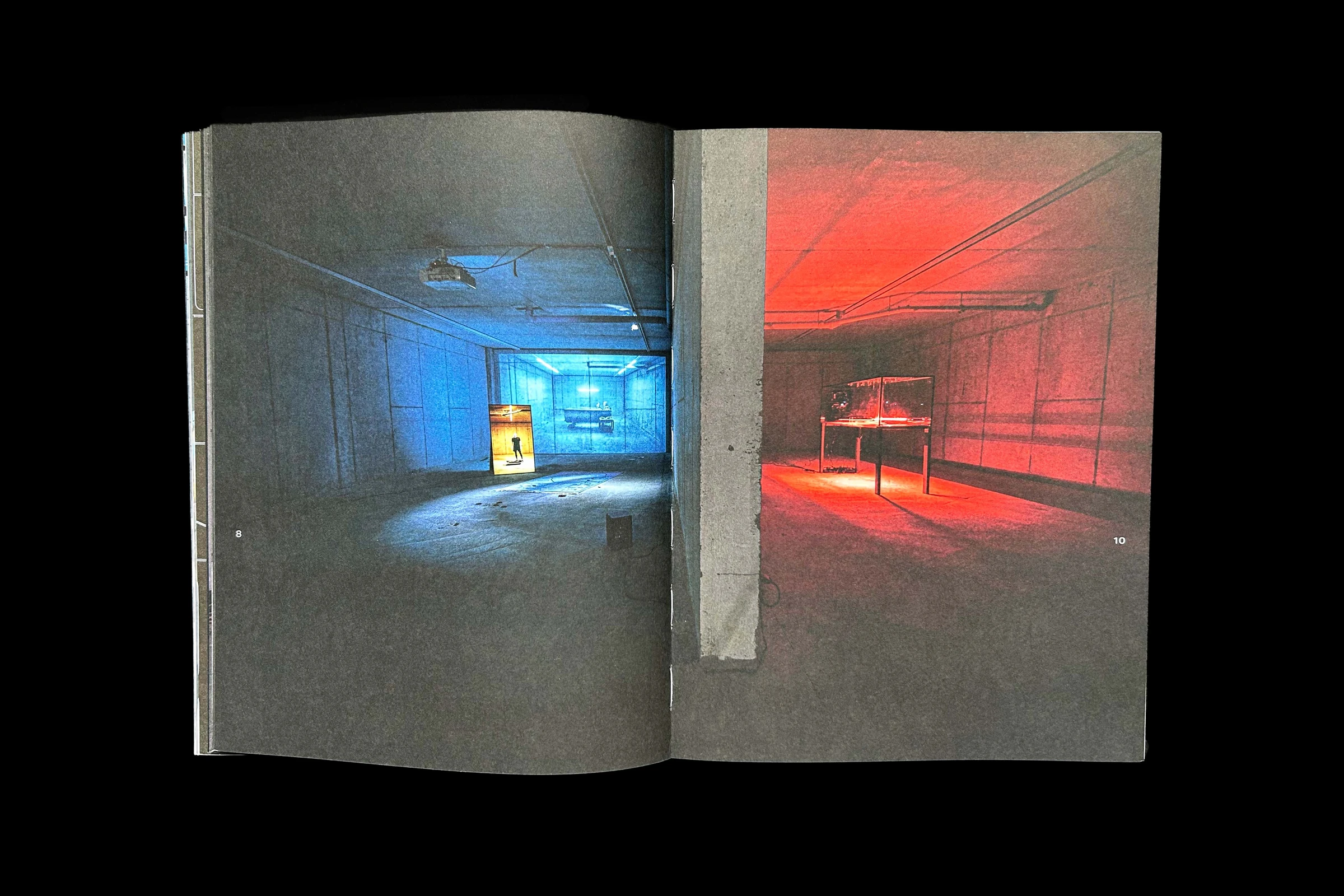 Catalog spread with installations lit in blue and red