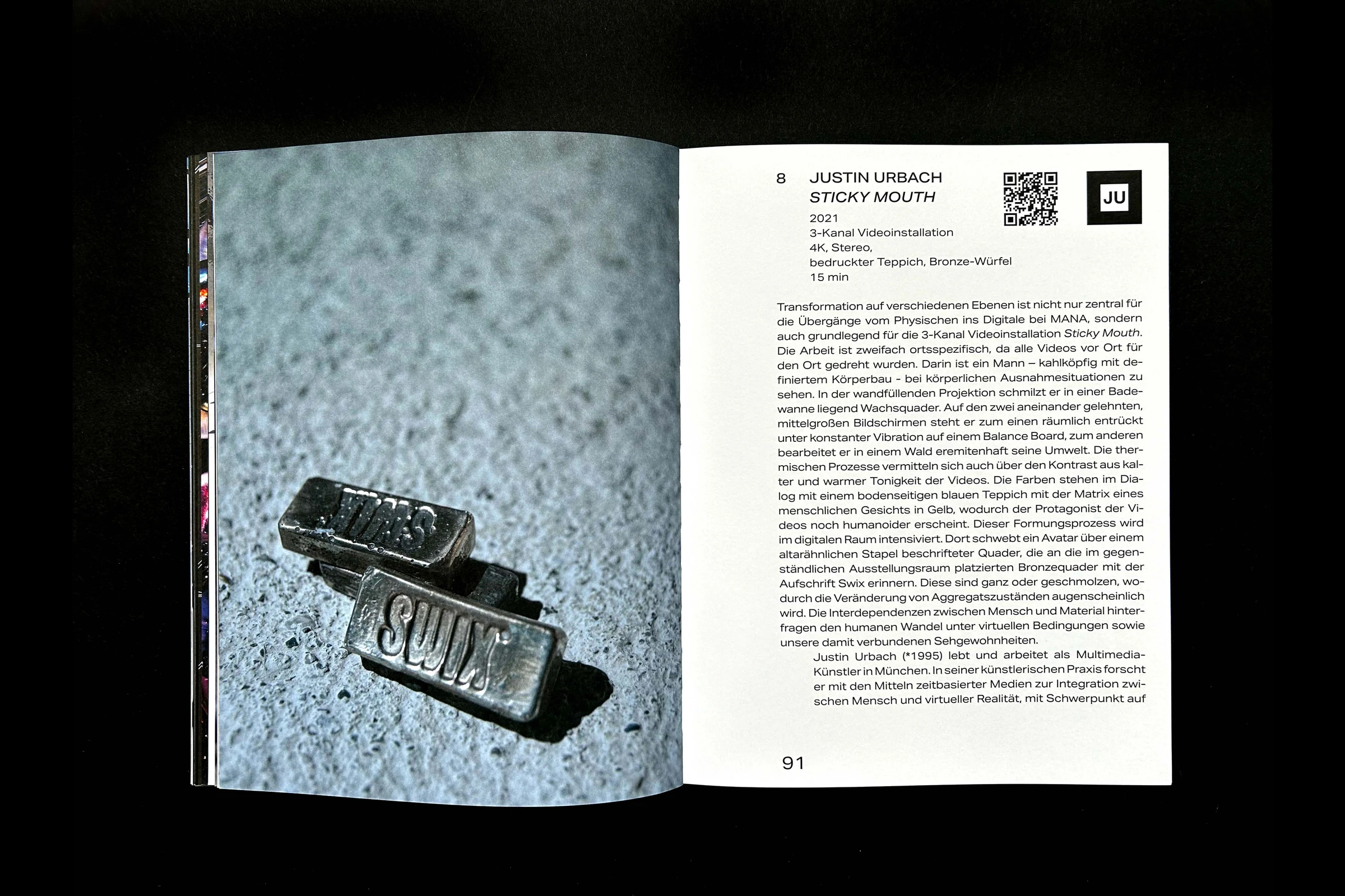 Catalog spread with bronze objects on concrete and a text about Justin Urbach