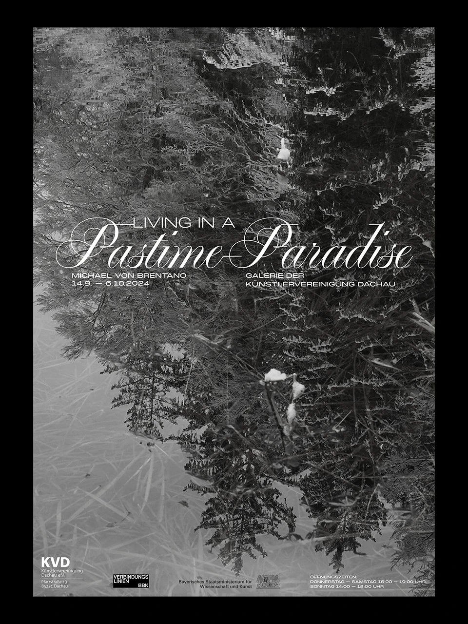 Living in a Pastime Paradise poster with a black-and-white photo of an upside-down tree