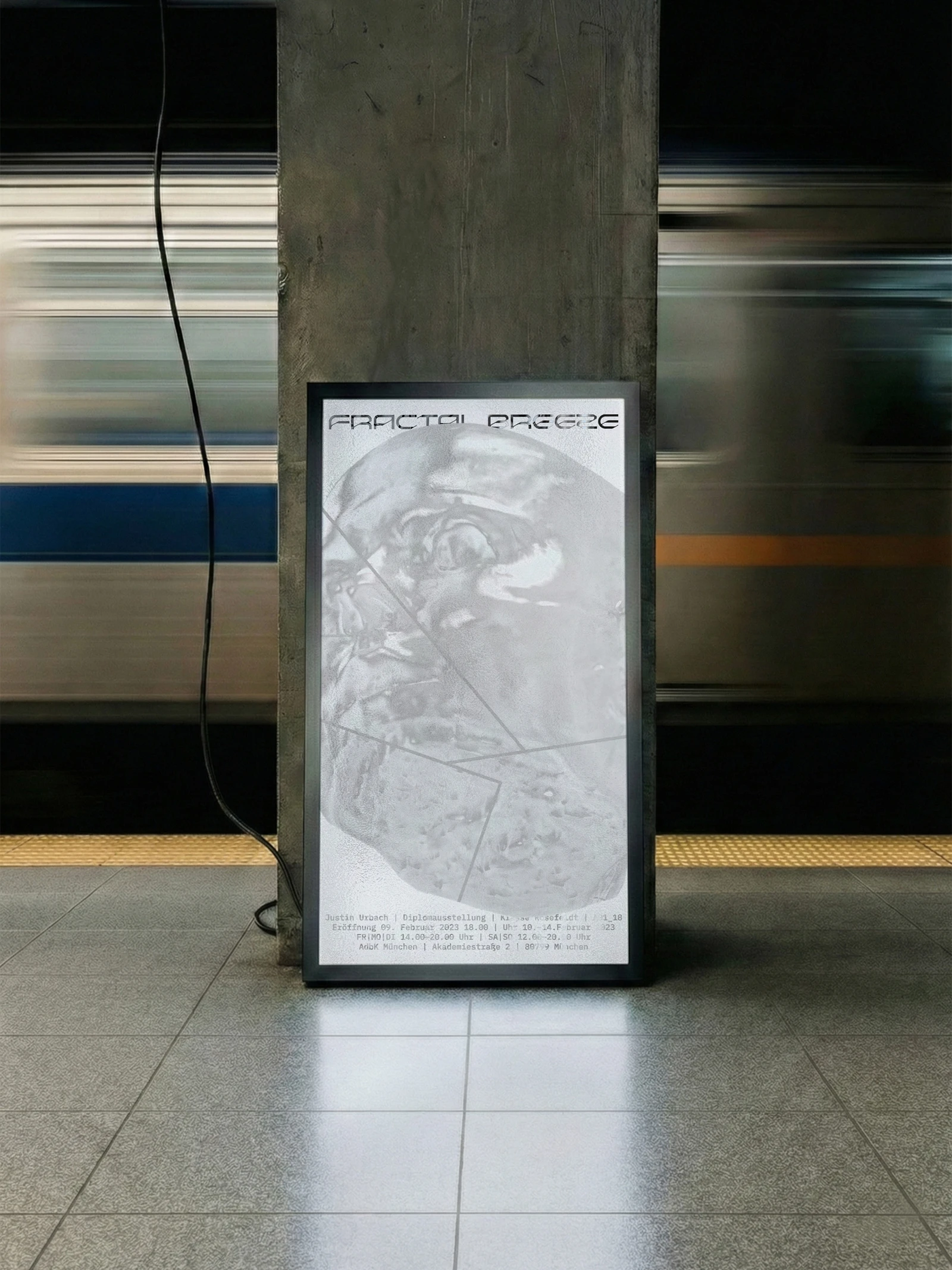 Fractal Breeze poster in a subway station with a train rushing past
