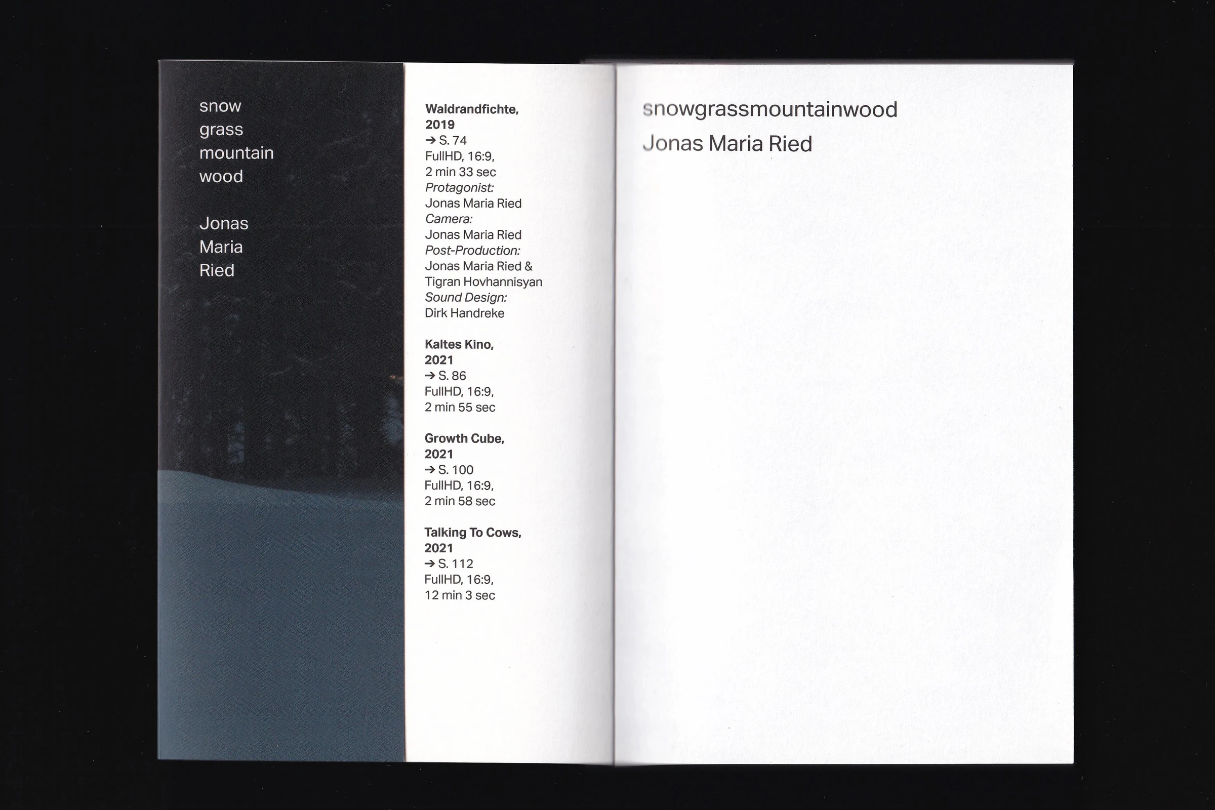 Spread with the colophon and the title Snowgrassmountainwood by Jonas Maria Ried