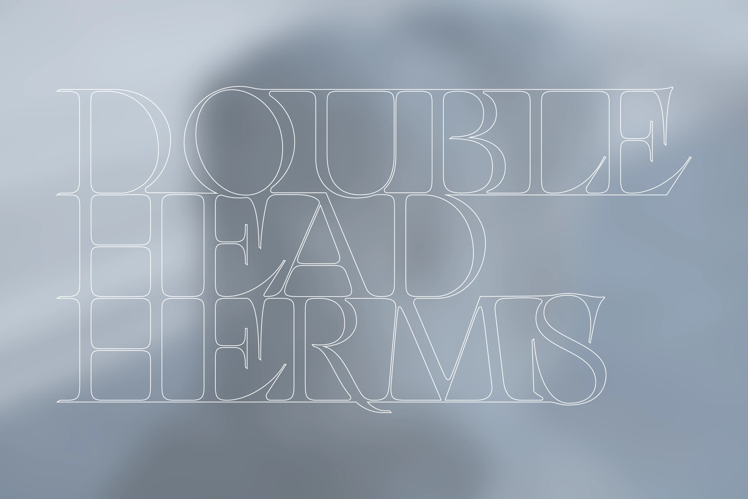 Outlined Double Head Herms lettering over a blurred sculpture