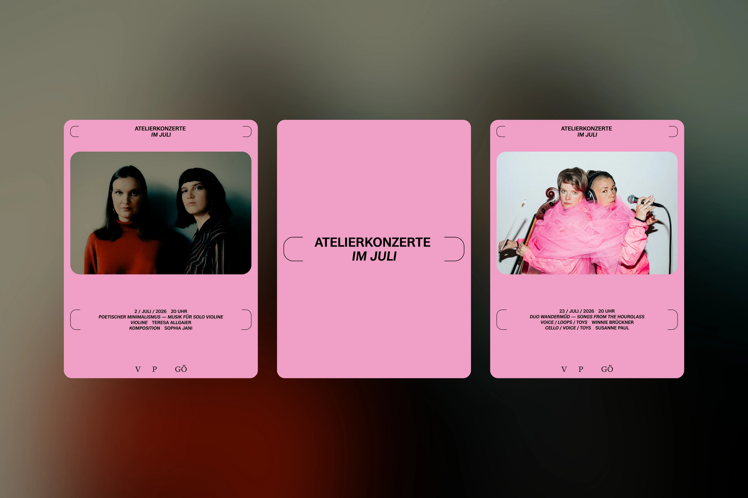 Three pink social media posts for Atelierkonzerte im Juli, two with portraits of the musicians