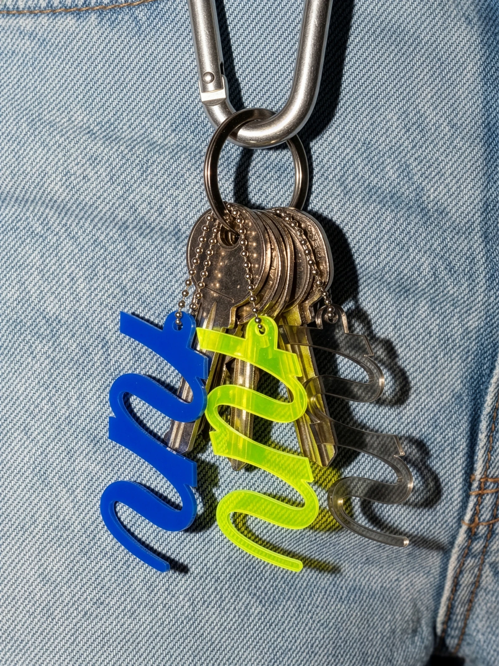 Blue and neon yellow n.n. keychains on a carabiner