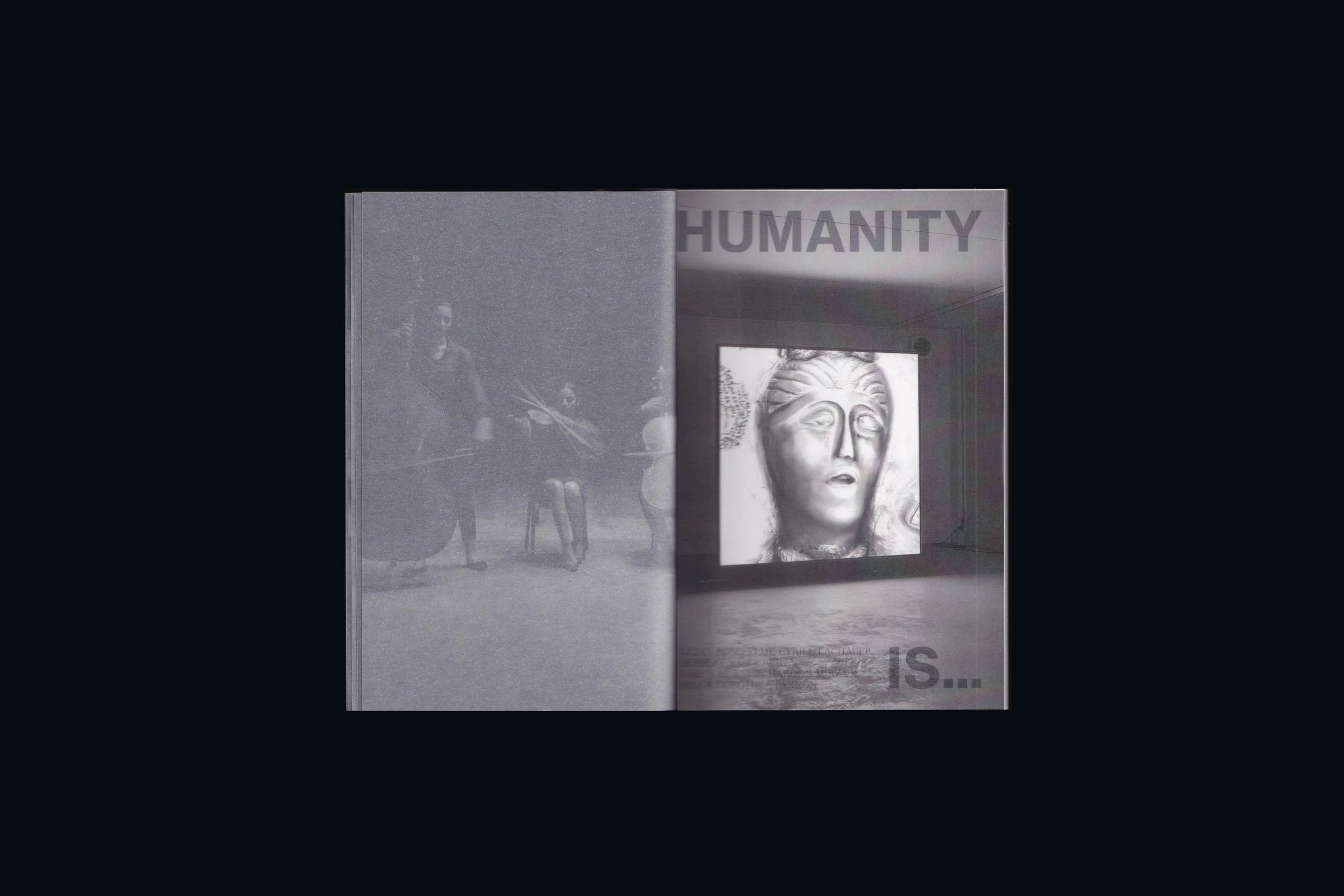Catalog spread where a translucent page reveals the title "Humanity is …"