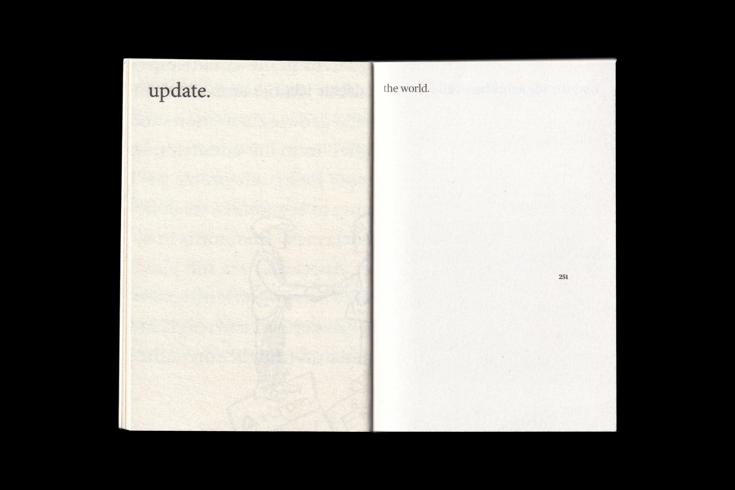 Scan of the word "update." with a faint illustration