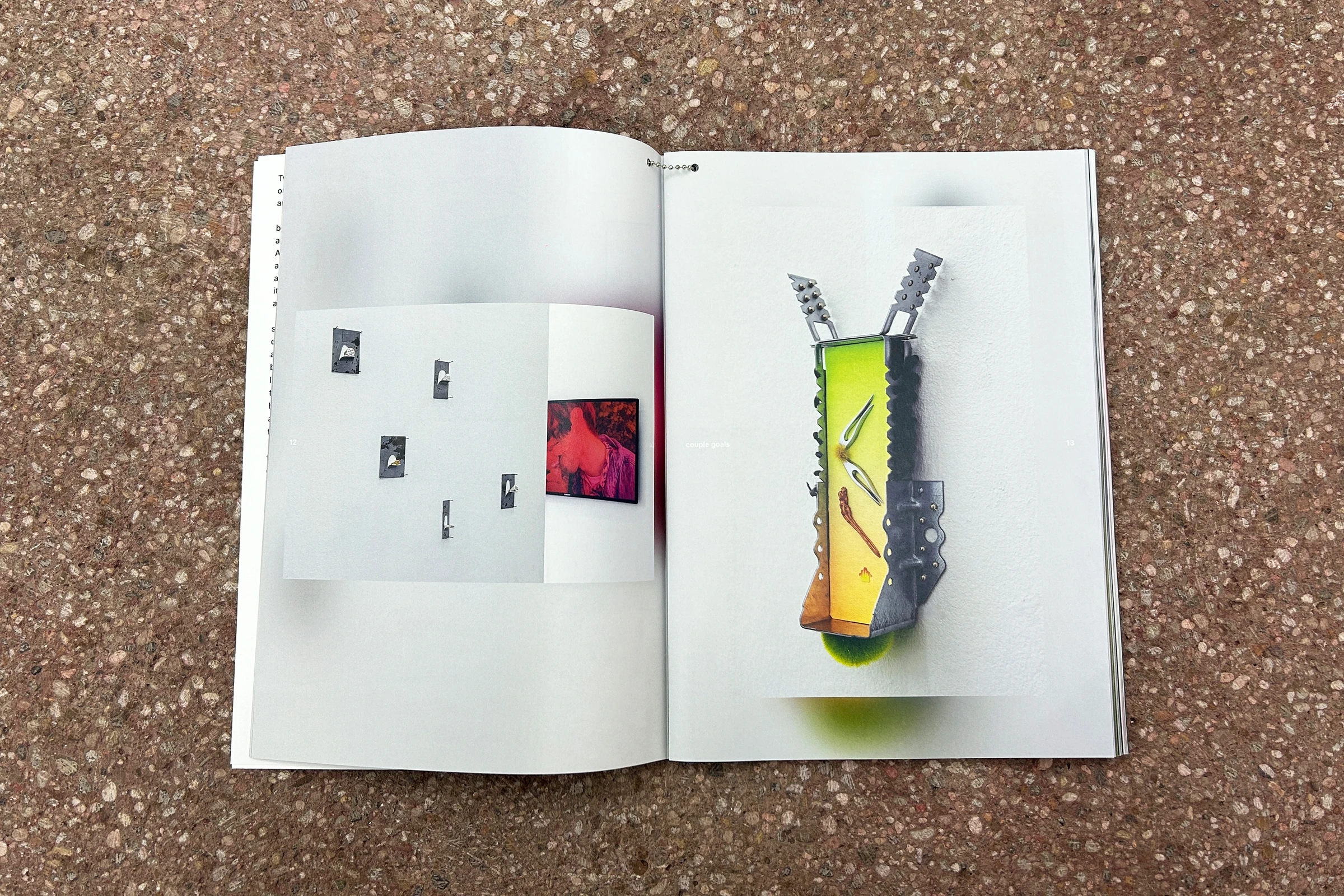 Catalog spread with small artwork photos and a colourful sculpture