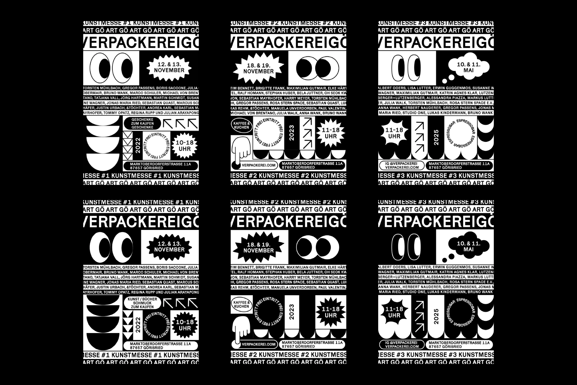 Black-and-white Art Gö posters with comic-style illustrations