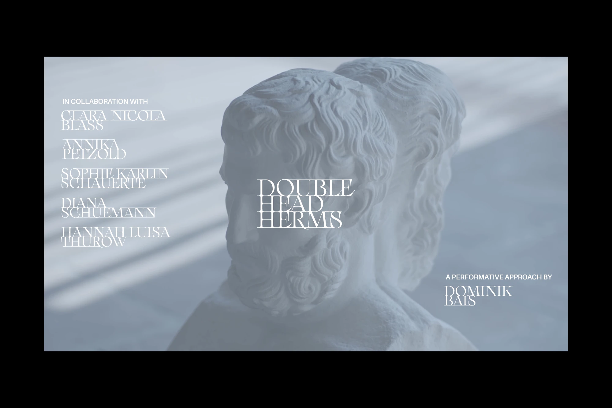 End credits with the title and cast beside the double-headed sculpture