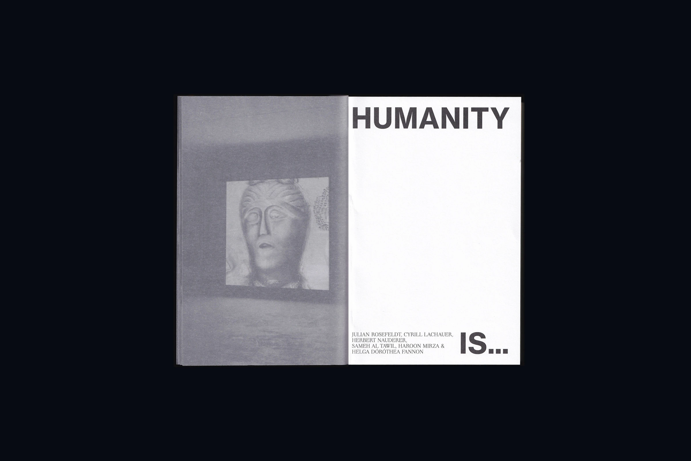 Catalog page with the title "Humanity is …" and a photo of a sculpted head