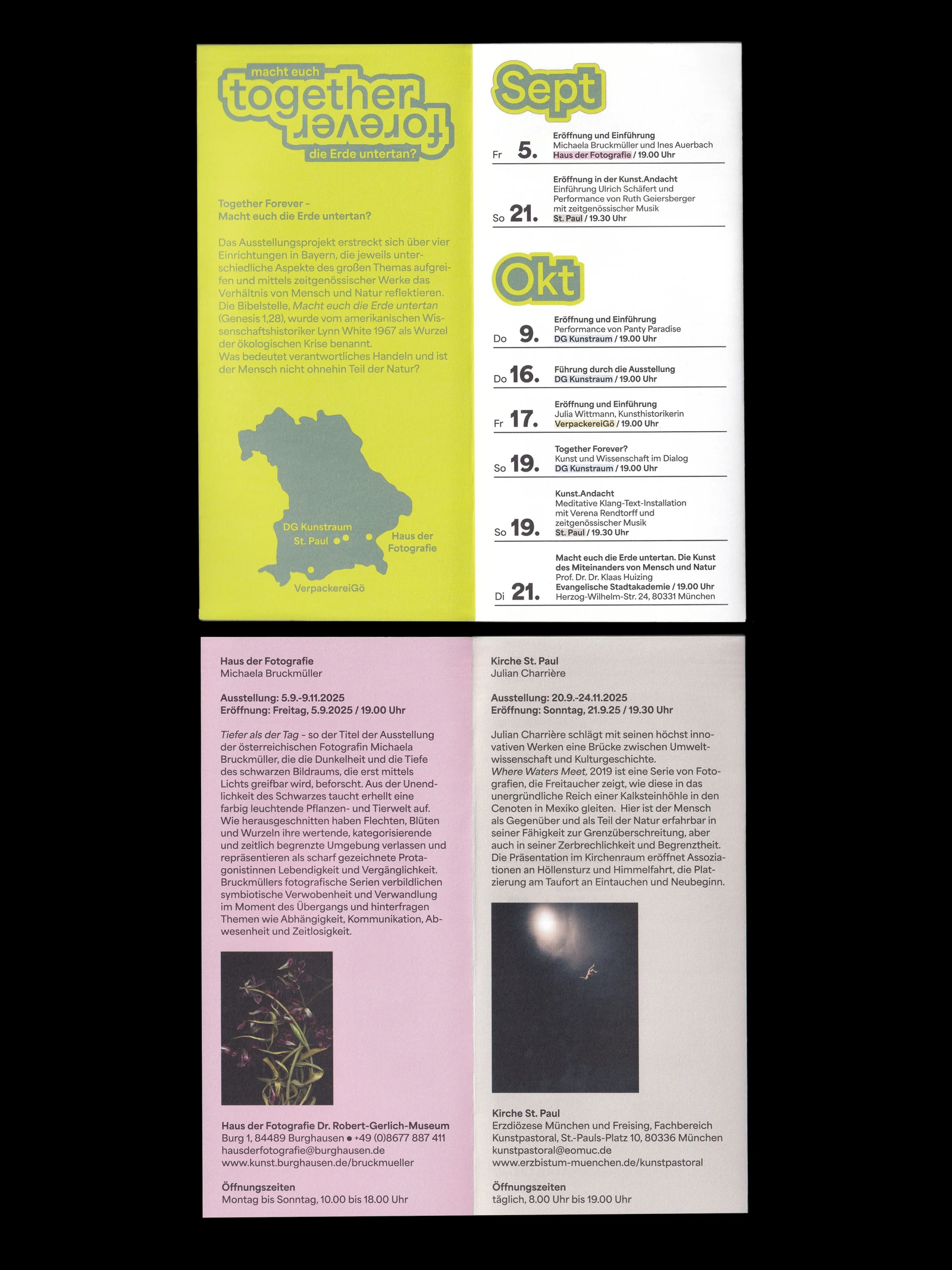 Unfolded programme flyer with a map of Bavaria and exhibition texts