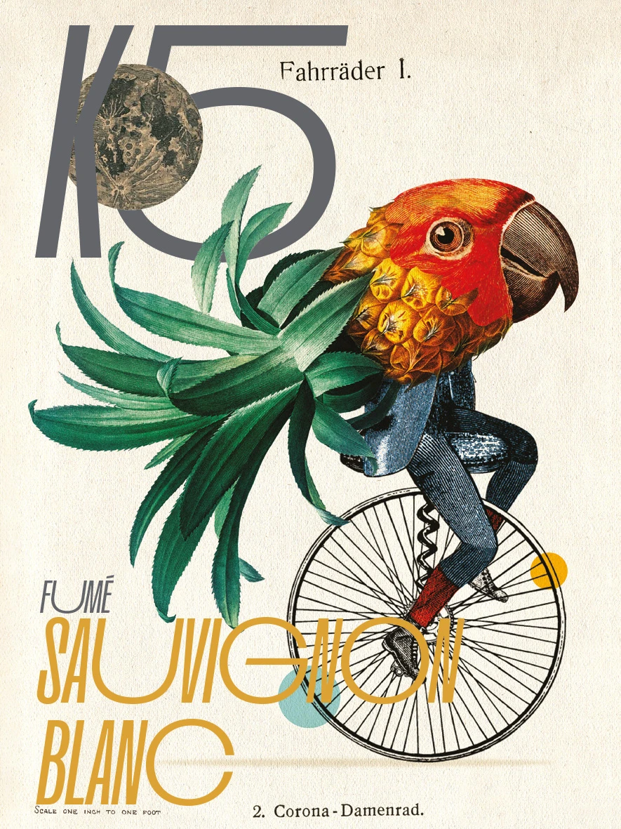 Sauvignon Blanc label: a parrot-headed figure with pineapple leaves riding a penny-farthing, with a large K5