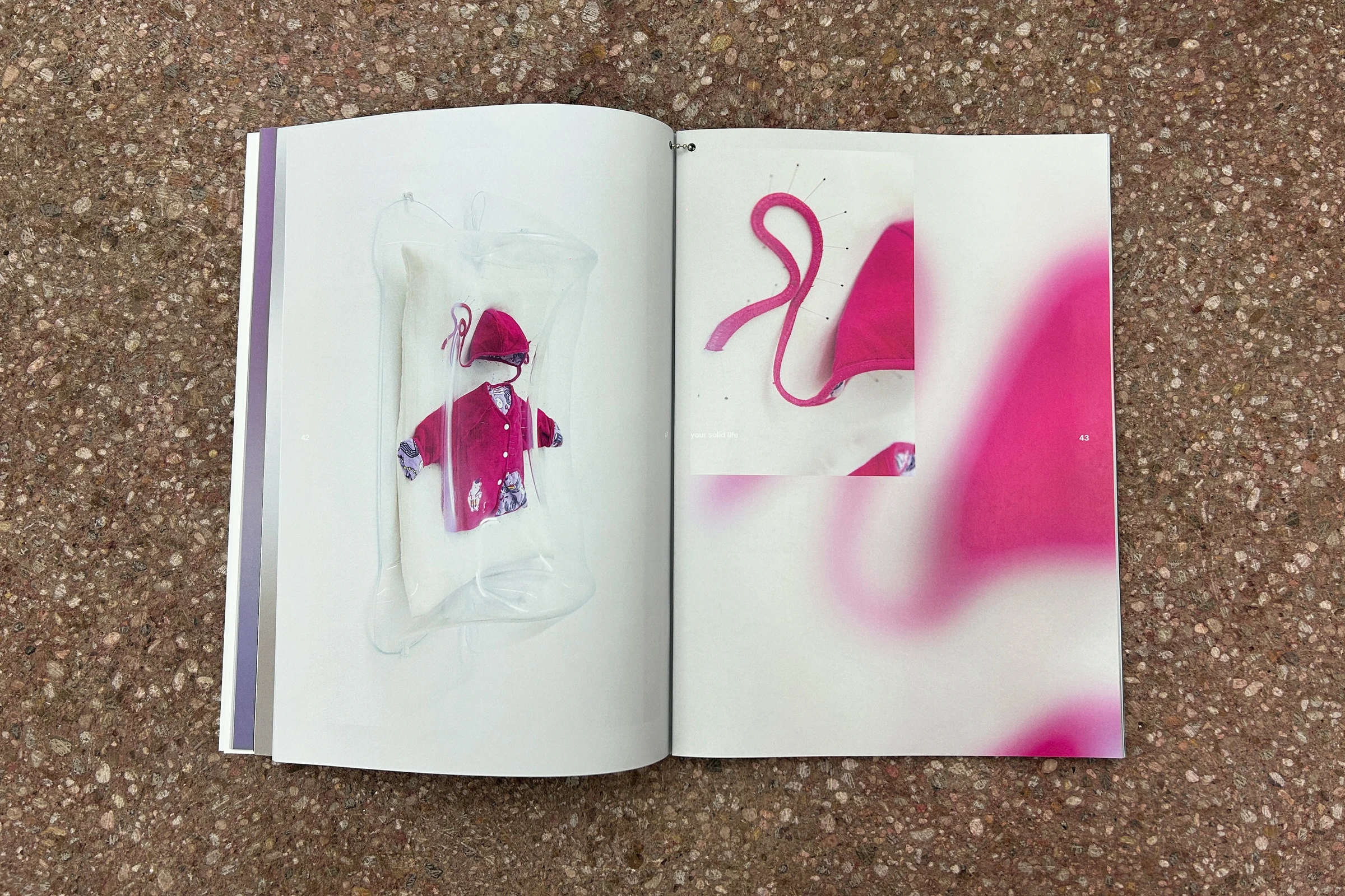 Catalog spread with pink artworks on blurred images