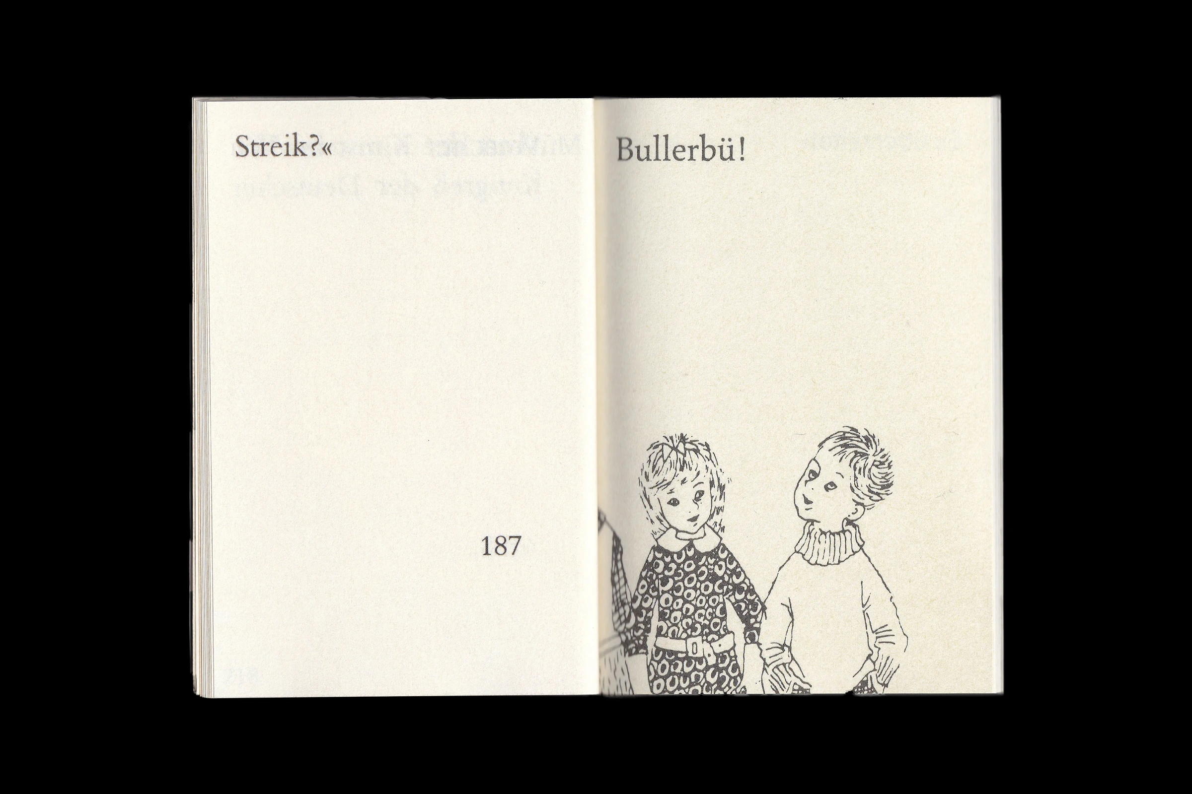 Scan of the words "Streik?" and "Bullerbü!" with a drawing of two children