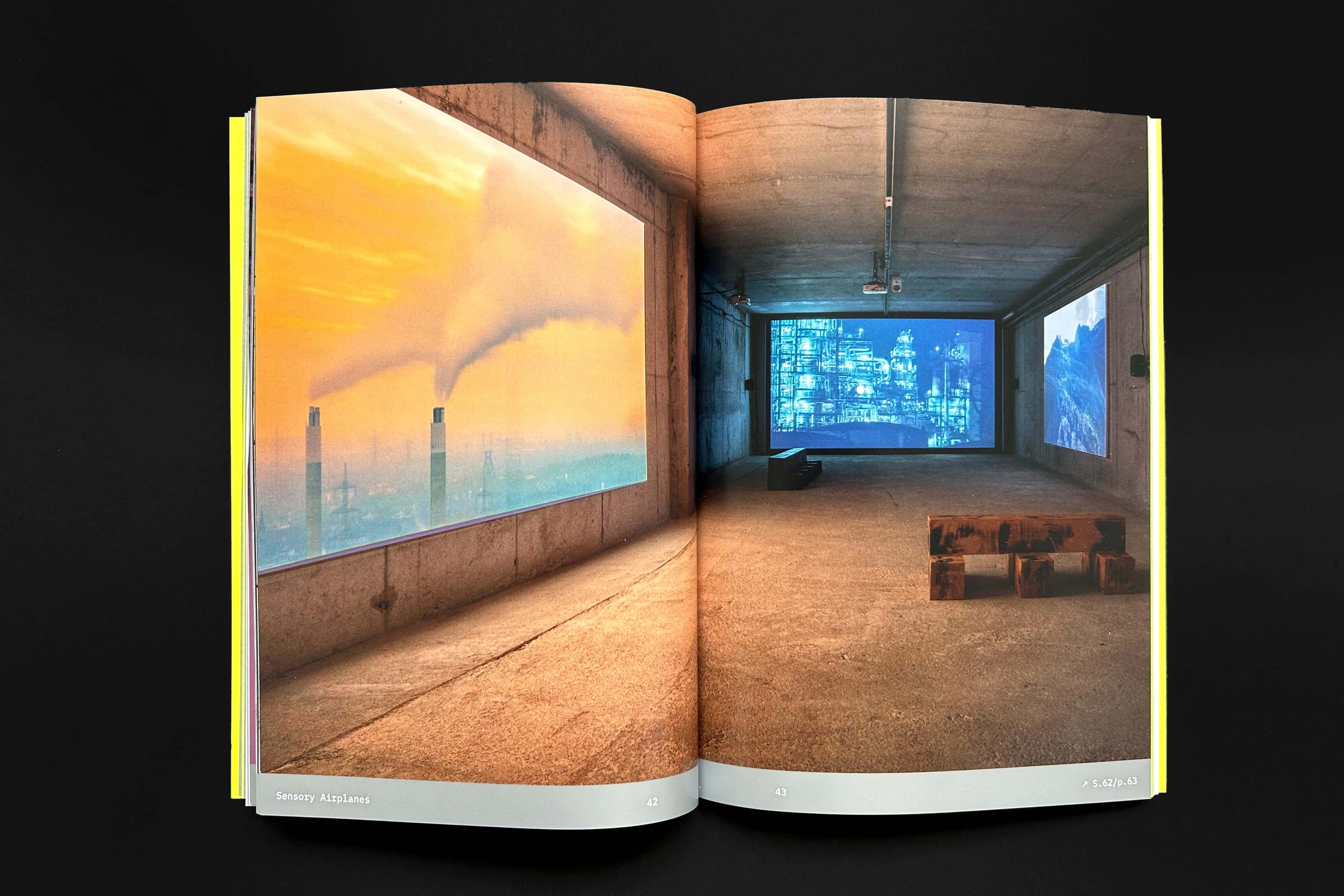Catalog spread with photos of a video installation