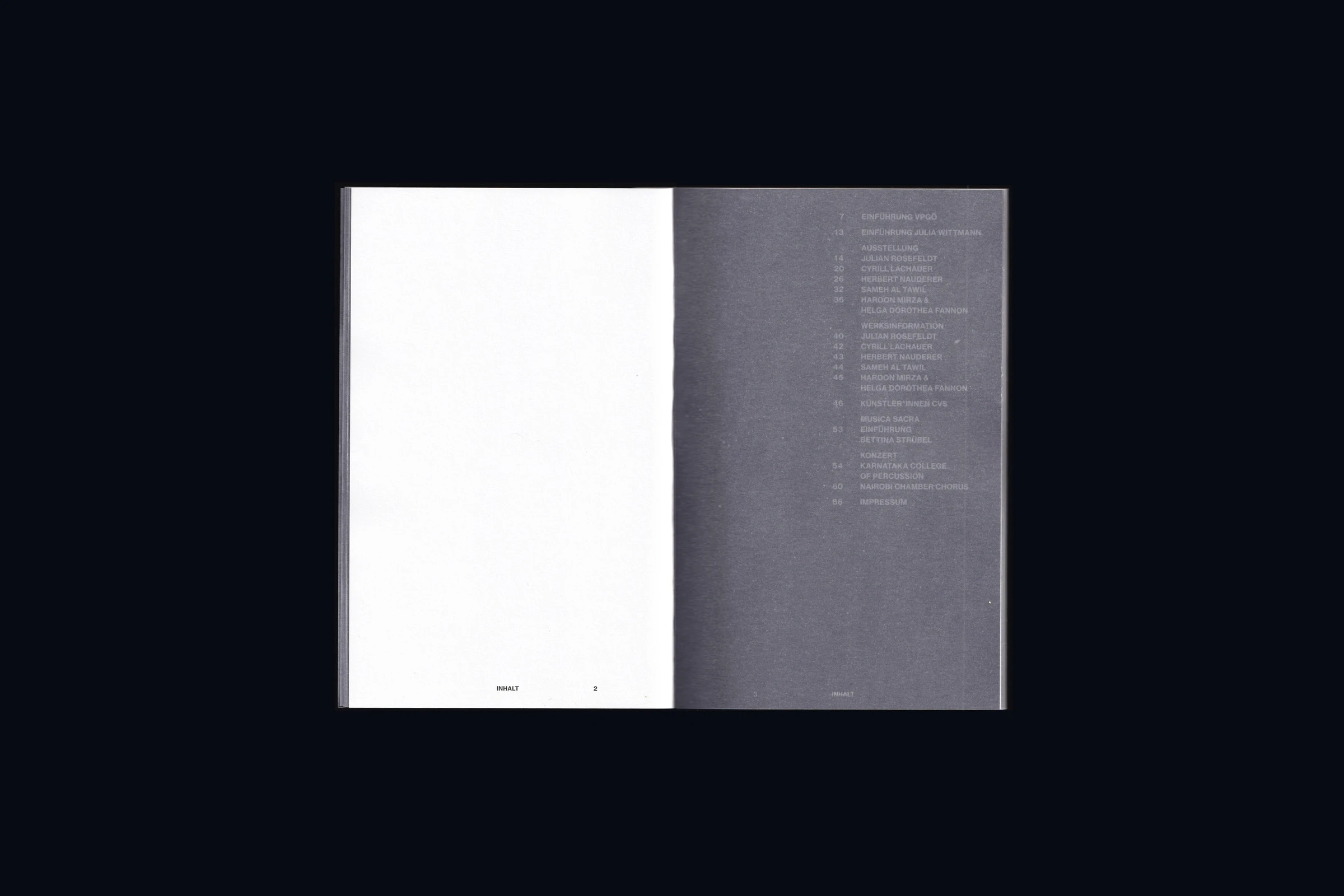 Catalog spread with a list of artists on a translucent page