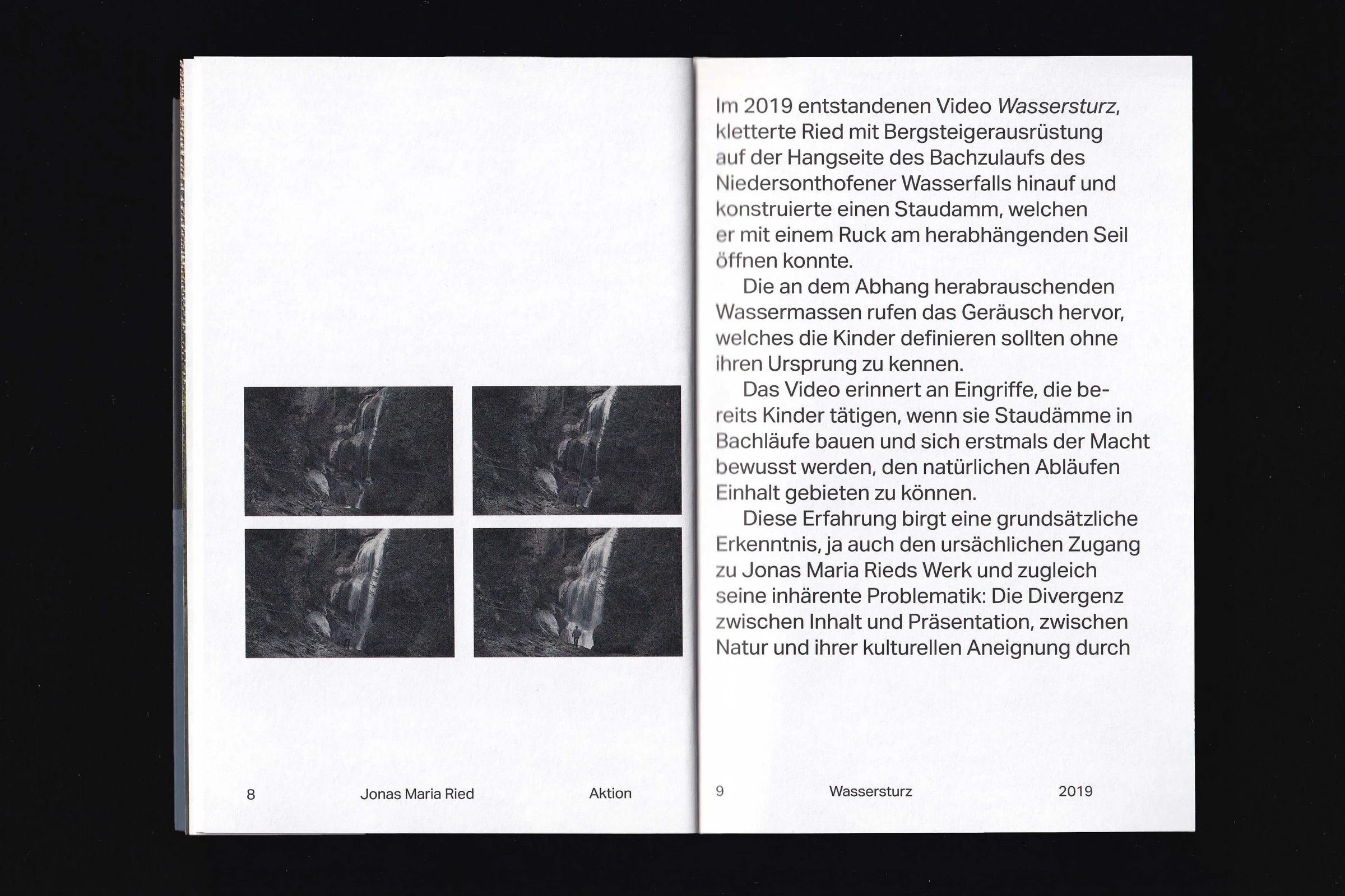 Spread with four video stills and a text about the work Wassersturz