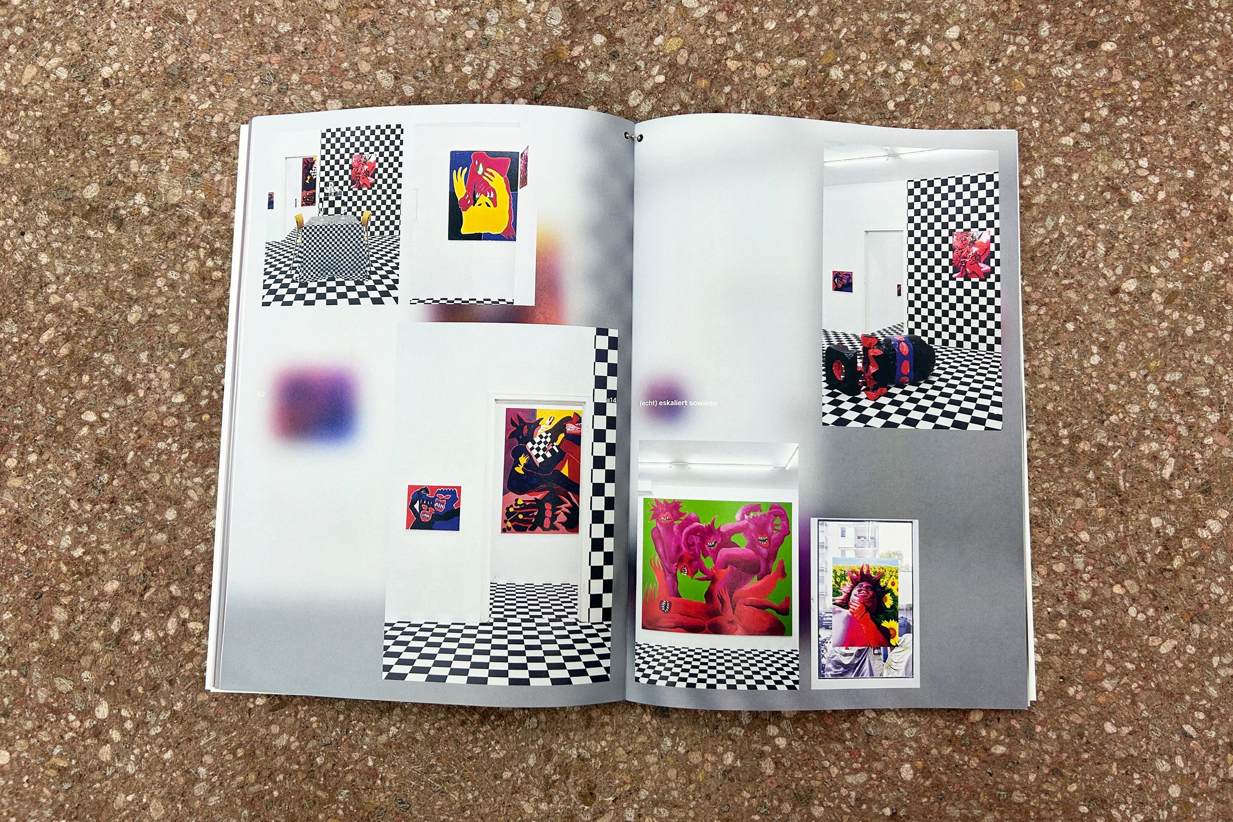 Catalog spread with exhibition photos on a checkered floor