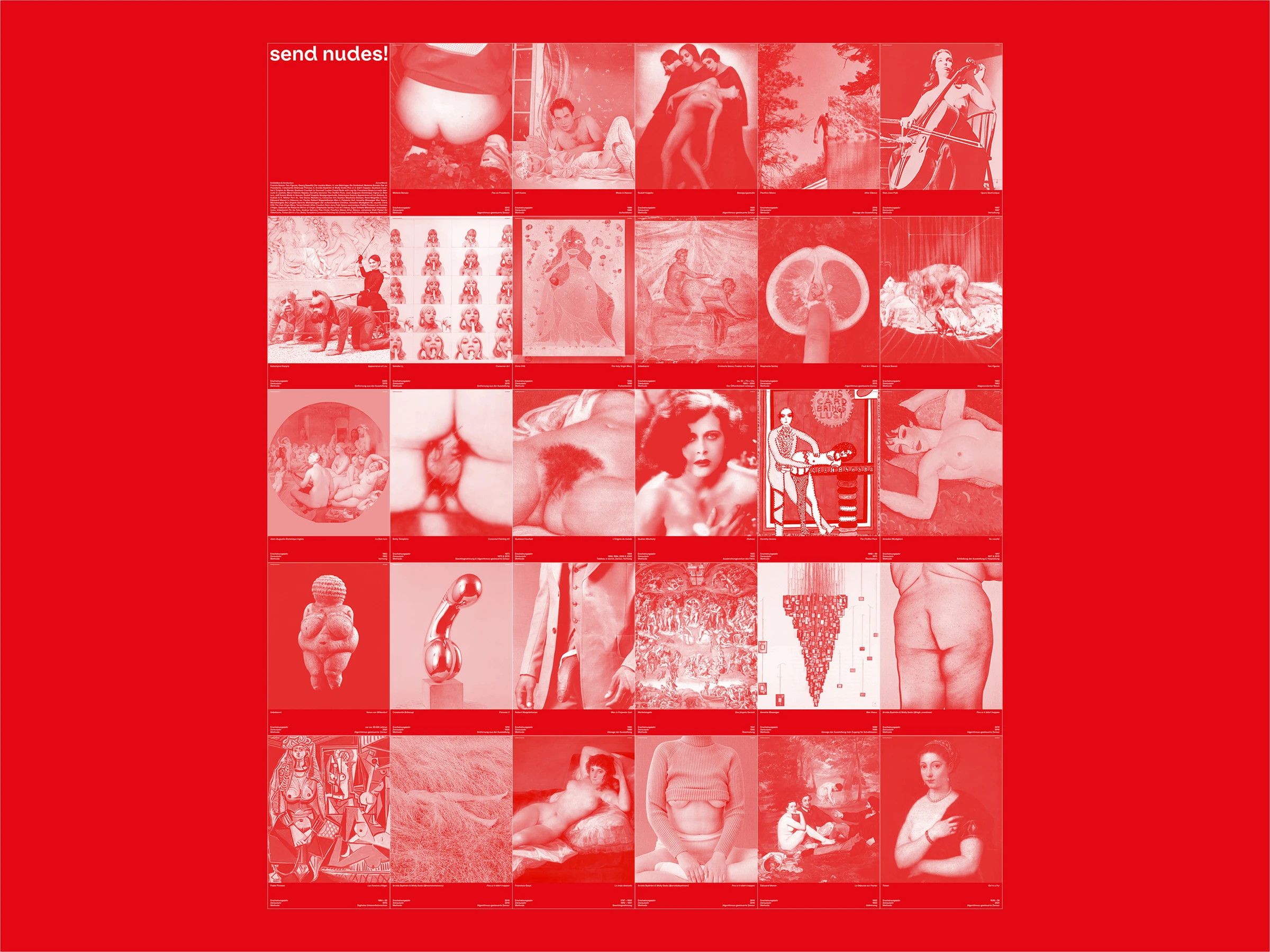 Red poster with a grid of red-tinted artwork images