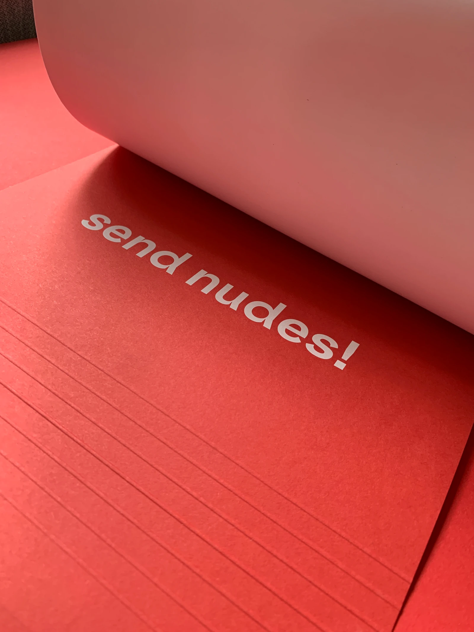 Red page with "send nudes!" printed in white