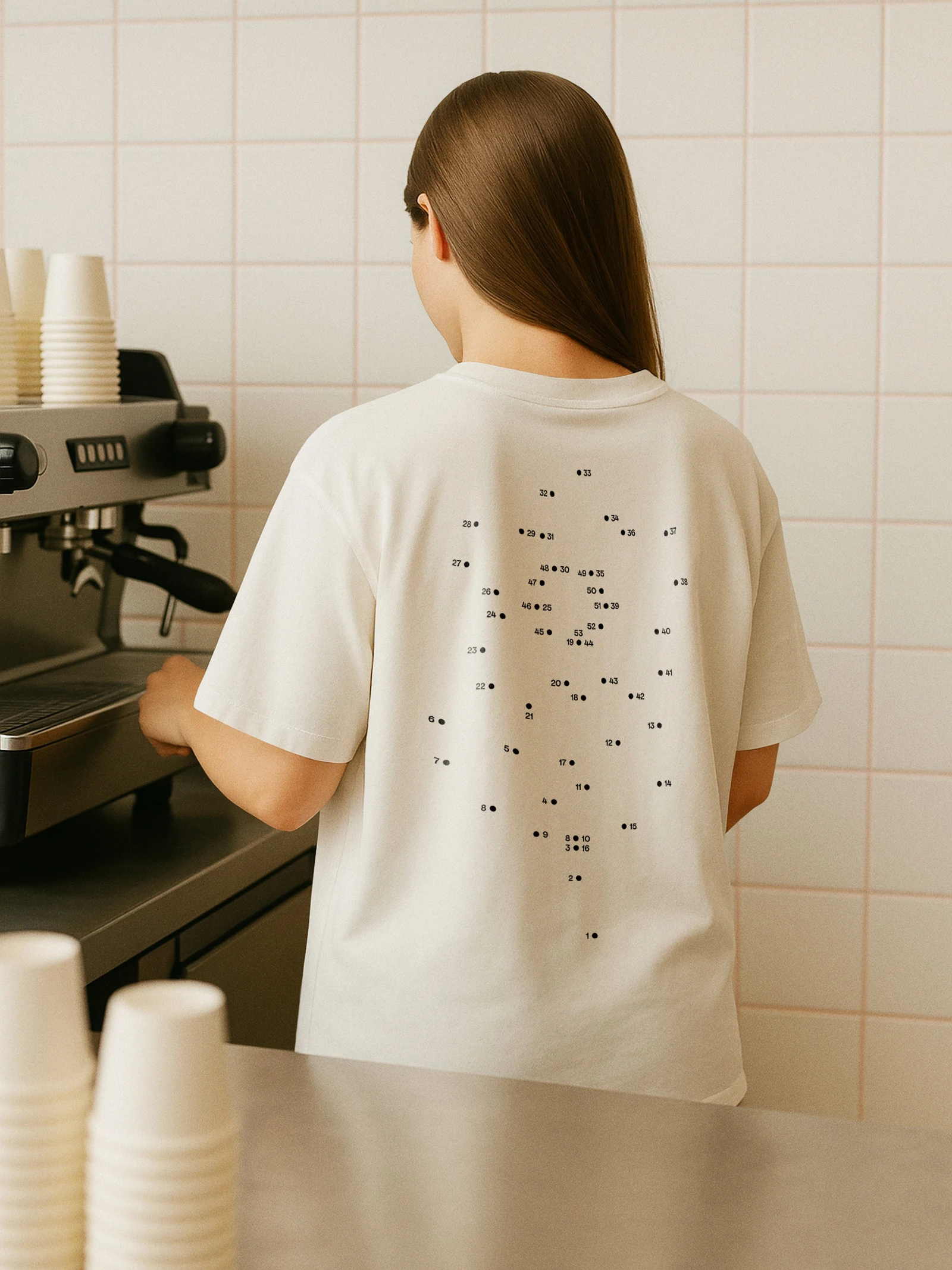 Woman at a café counter in a white T-shirt printed with numbered dots