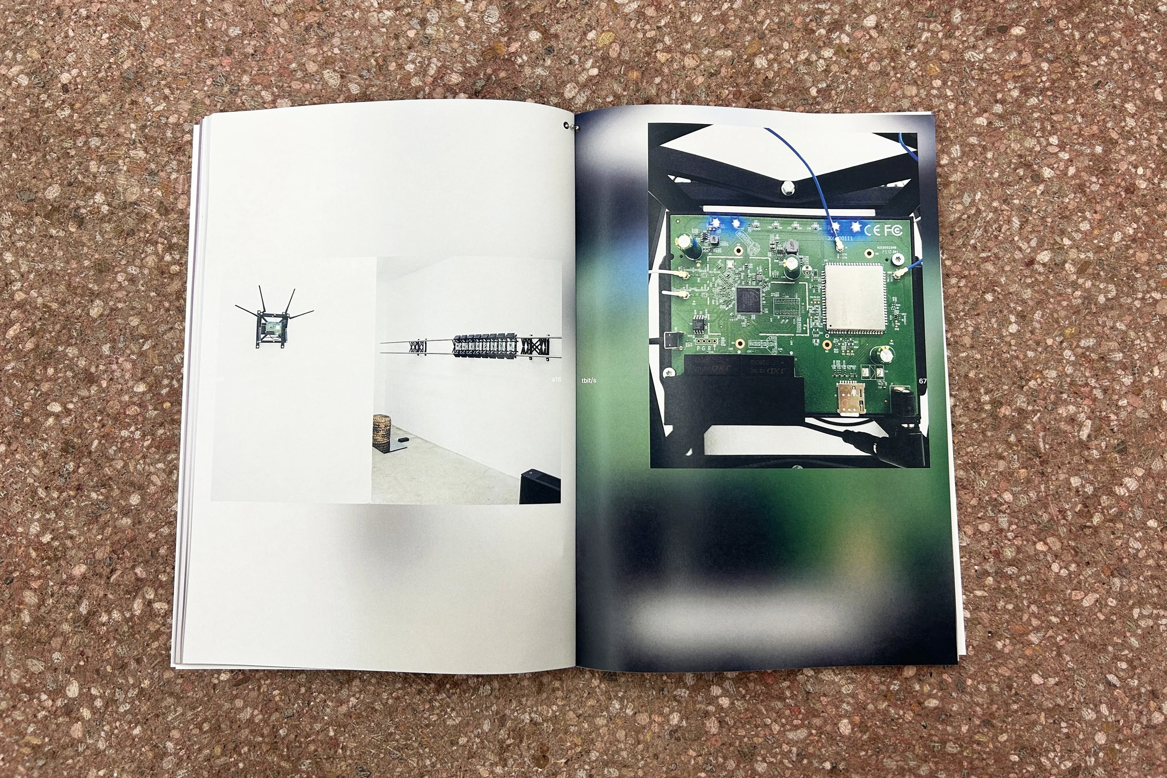 Catalog spread with installation photos and a circuit board