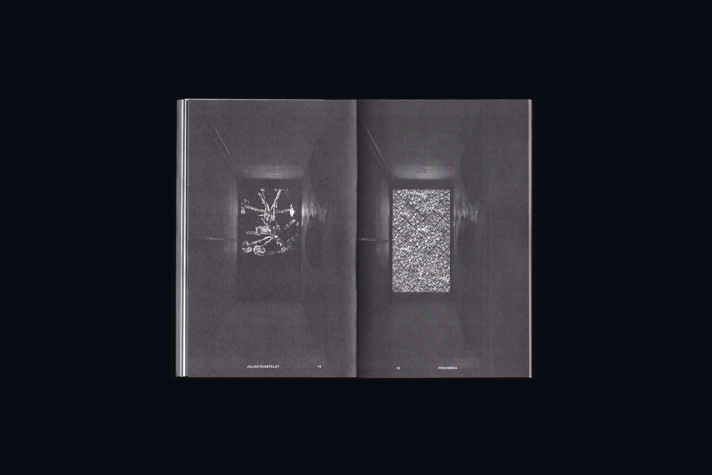 Catalog spread with photographs of artworks in a dark room