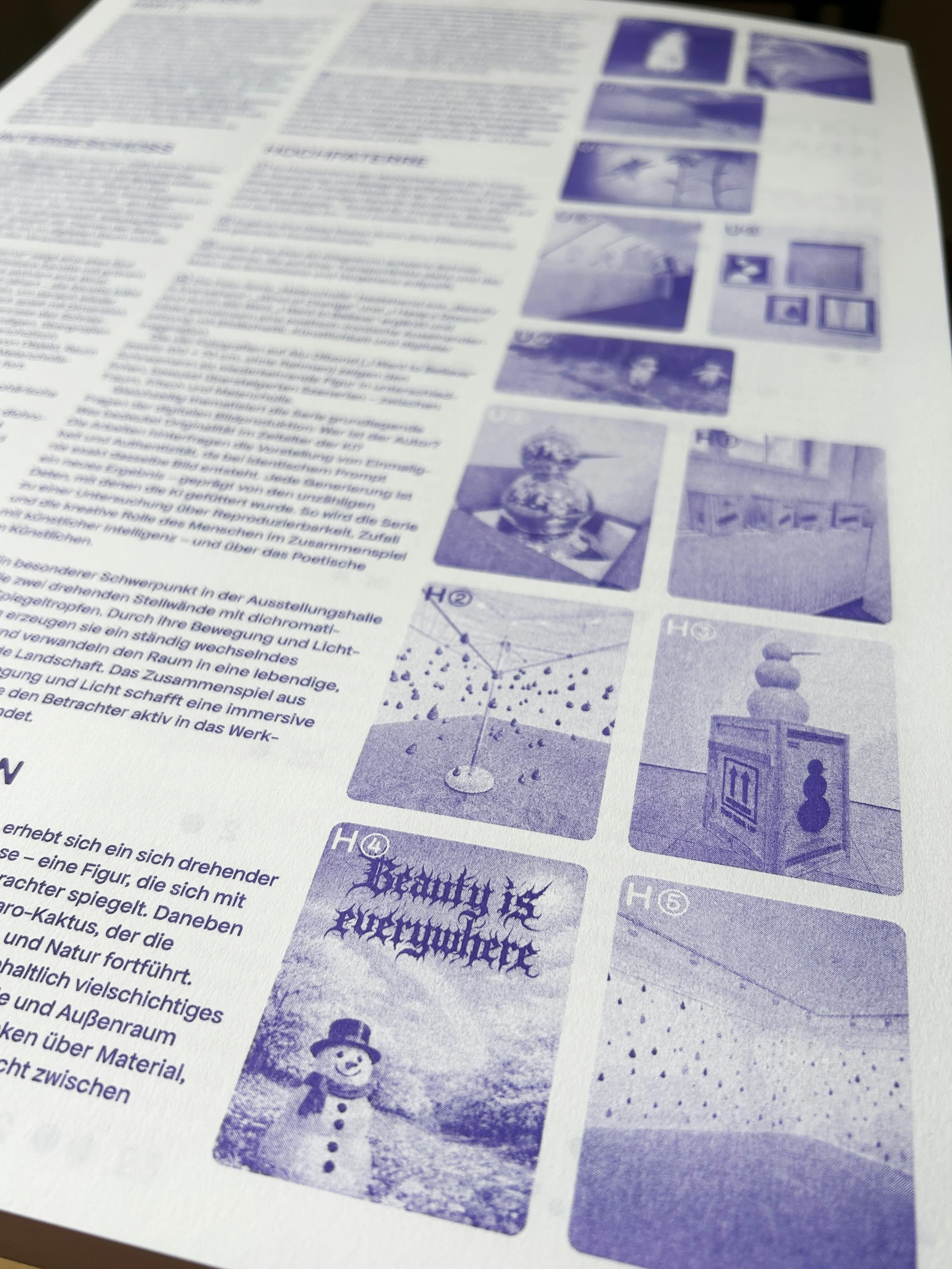 Sheet with exhibition text and purple artwork images, including "Beauty is everywhere"